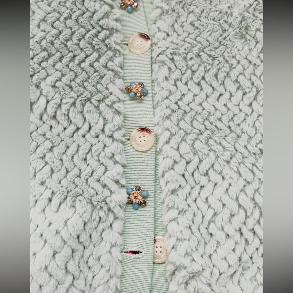 ARATTA Nellie Boho Luxe Mint Fur Jacket Satin Lined Crystal Buttons Boutique - Picture 10 of 16